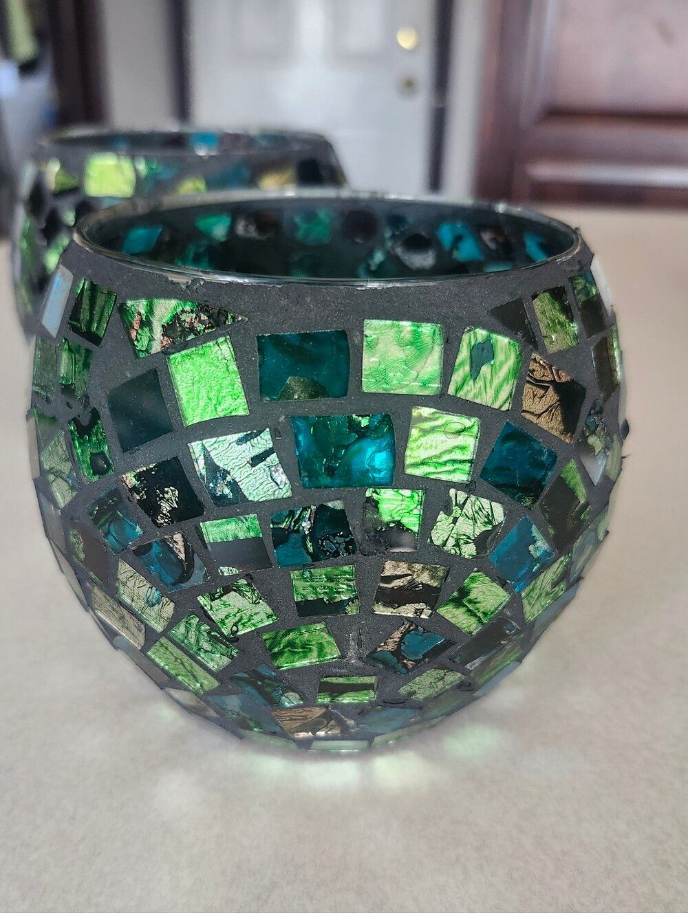 Pier 1 Imports Glass Candle Holders, Mirror Mosaic, Blue & Green, 4"